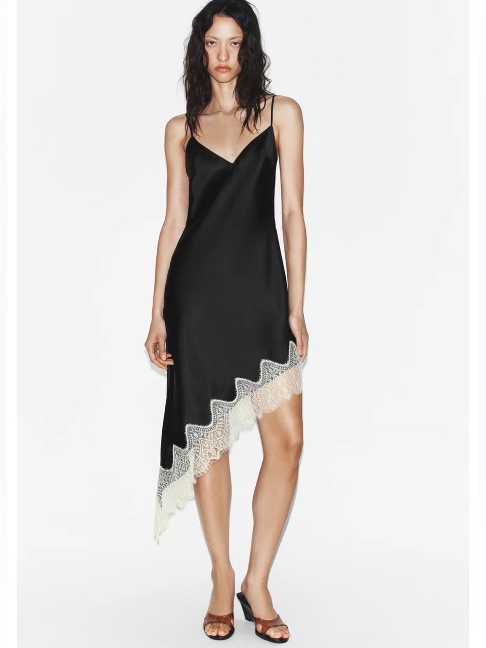 Zara Black Slip Dress with Cream Lace Asymmetrical Hem